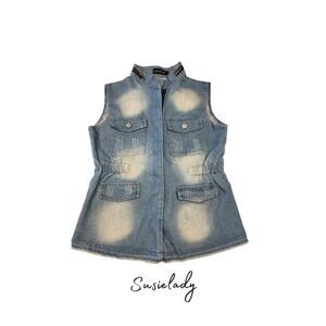 Susielady Women's Denim Vest Jacket Sleeveless Blue Distressed Utility Pockets L